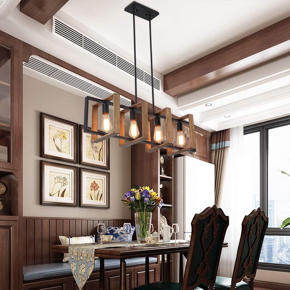 Kitchen Island Lighting,Hängeleuchte Esstisch 4-Flammige,Industrial Pendelleuchte Für Kücheninseln,Moderne Esstisch Pendelleuchte,Holz Und Matt Schwarzes Metall Lampe Esstisch E27 (4 Köpfe, Holz)