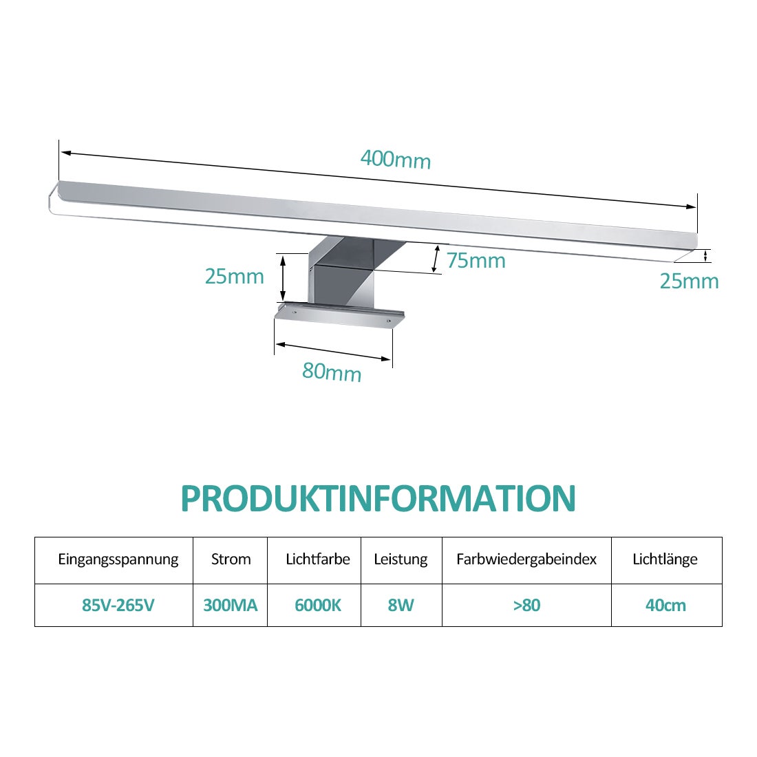 EMKE LED-spiegellamp, 40 cm spiegellamp voor badkamer, IP44, kastlamp, chroom, koelwit licht 6000K