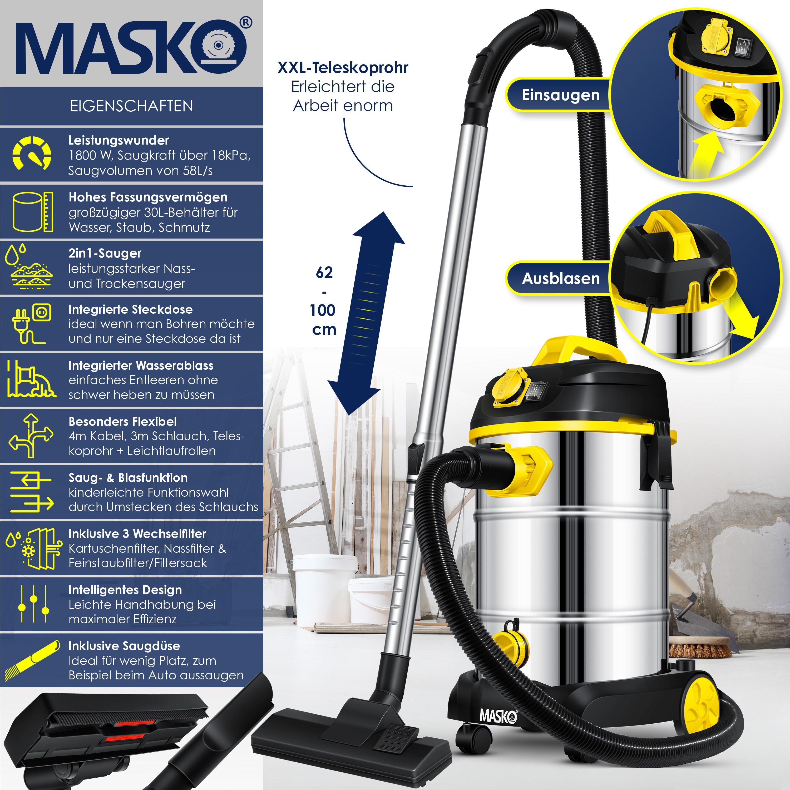 Masko® Industriestaubsauger Staubsauger Nass Trocken Sauger Edelstahl max. 1800W
