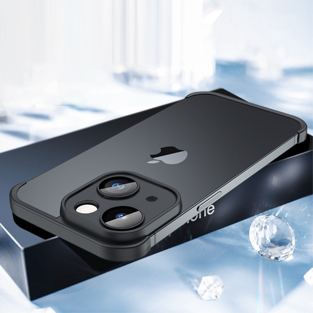 (2-tlg.) iPhone 14 Gummi Slim Case Hülle Kameraglasschutz mit Rahmenlosen Bumper (Selbstklebend) - Schwarz