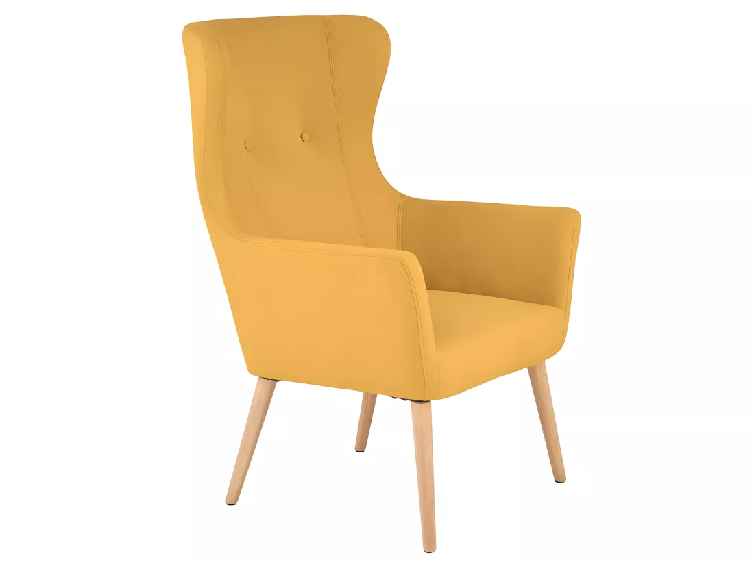 Fauteuil rembourré en tissu jaune moutarde avec dossier haut et pieds en bois de caoutchouc WISH
