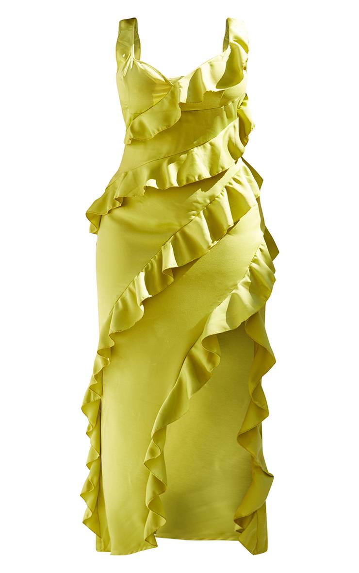 Vert Olive Robe Longue Satinée À Volants Superposés Grande Taille
