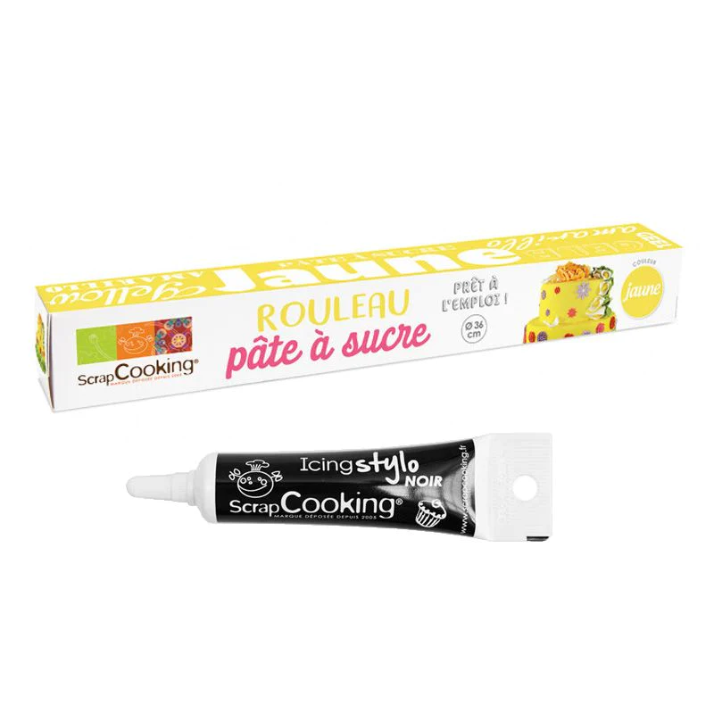 Pâte à sucre en rouleau jaune Ø 36 cm + Stylo de glaçage noir Scrapcoo