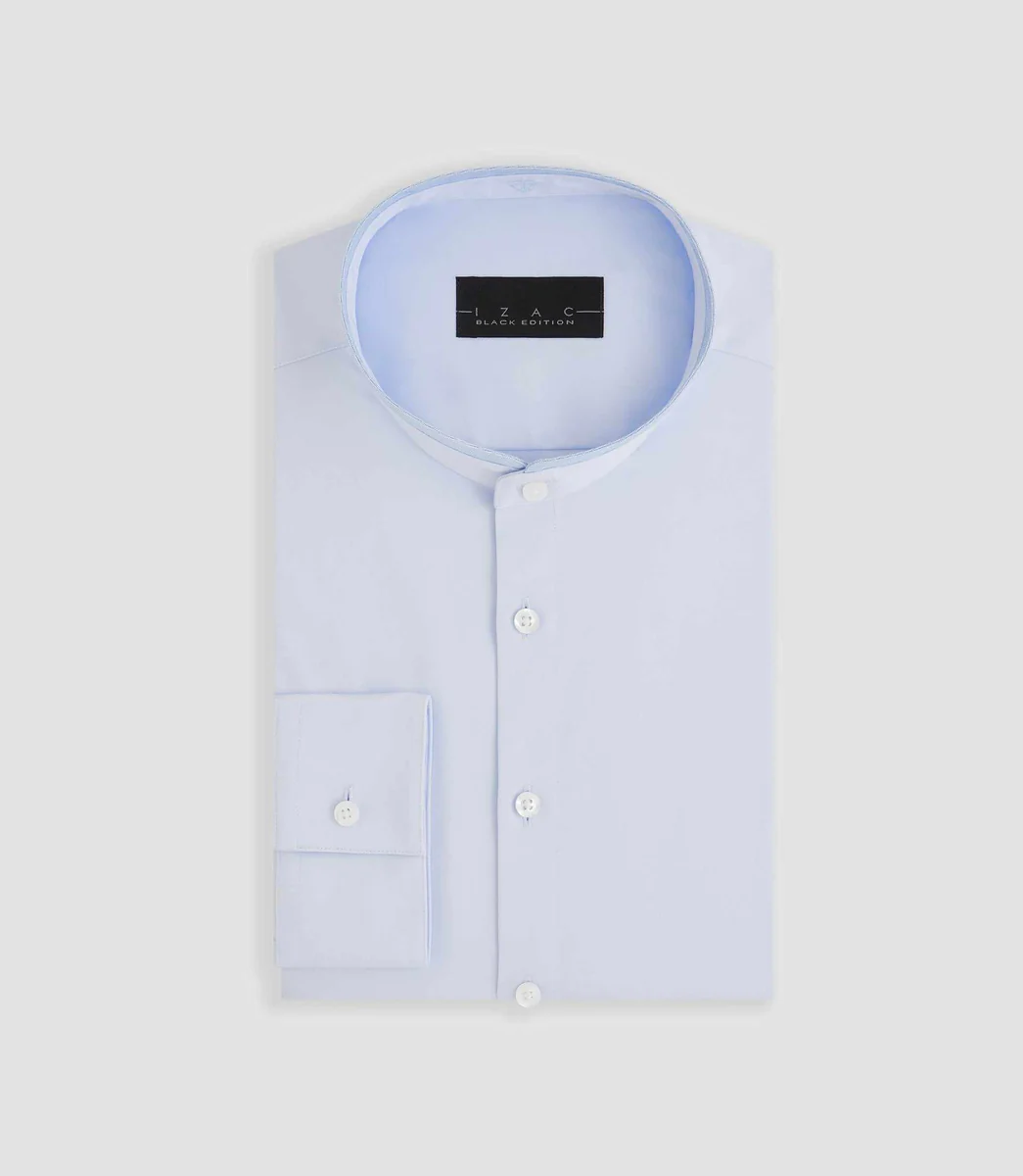 Chemise satin stretch col mao ciel 
