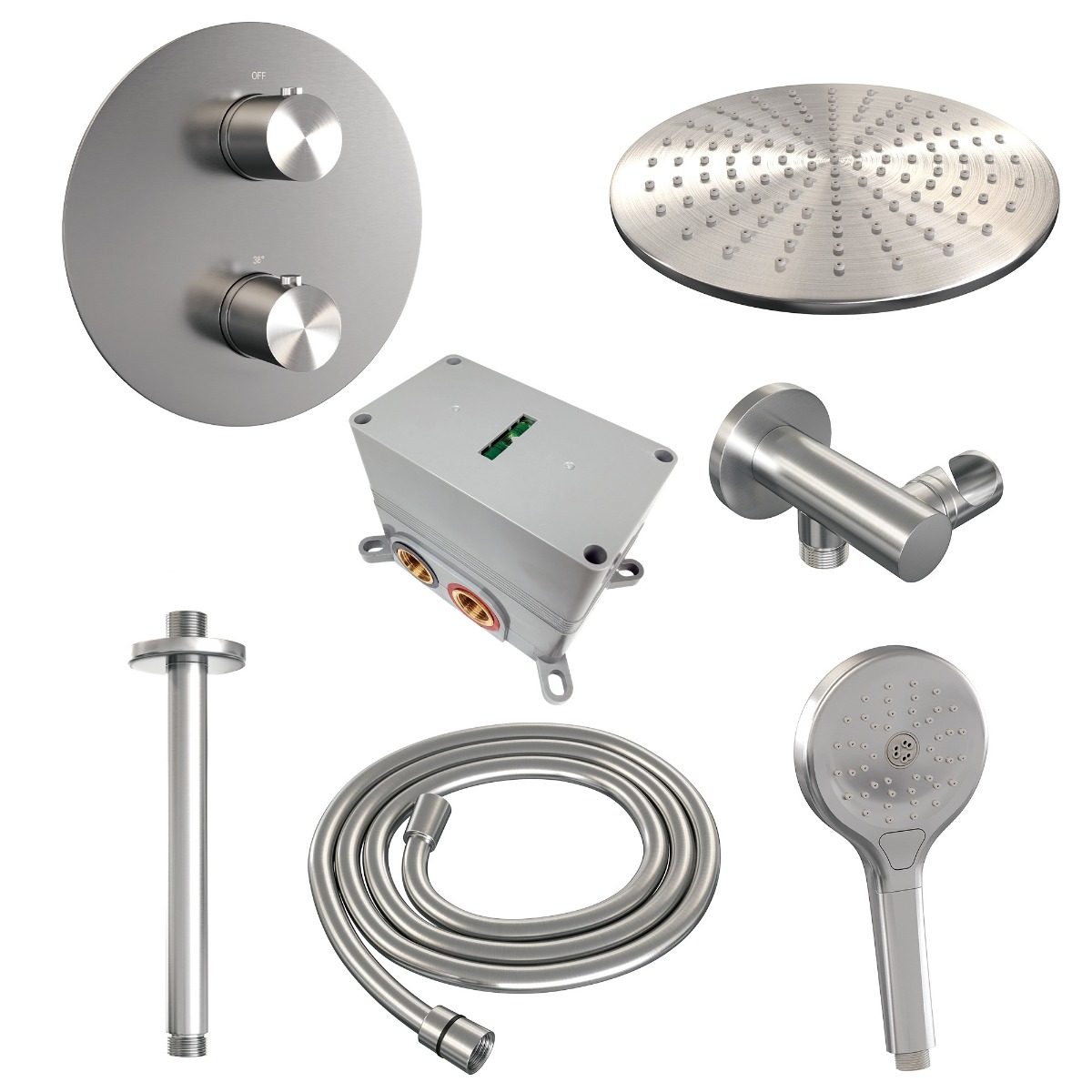 Brauer Brushed Edition thermostatische inbouw regendouche met 3 standen handdouche, plafondarm en hoofddouche 30cm set 84 RVS geborsteld PVD