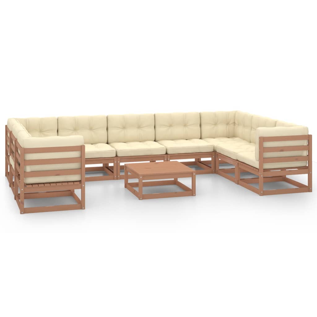Salon de jardin meuble d'extérieur ensemble de mobilier 10 pièces avec coussins marron miel bois de pin