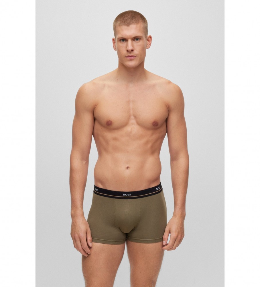 Cuecas Boxer BOSS, pacote com 5 unidades, nas cores verde, preta, azul-marinho e amarela.