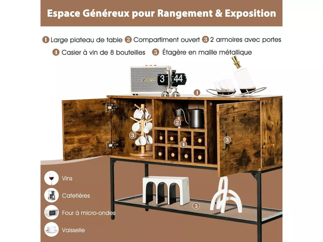 Buffet cuisine avec casier à vin,2 armoires à portes, étagère en maille, 120 x 40 x 85 cm