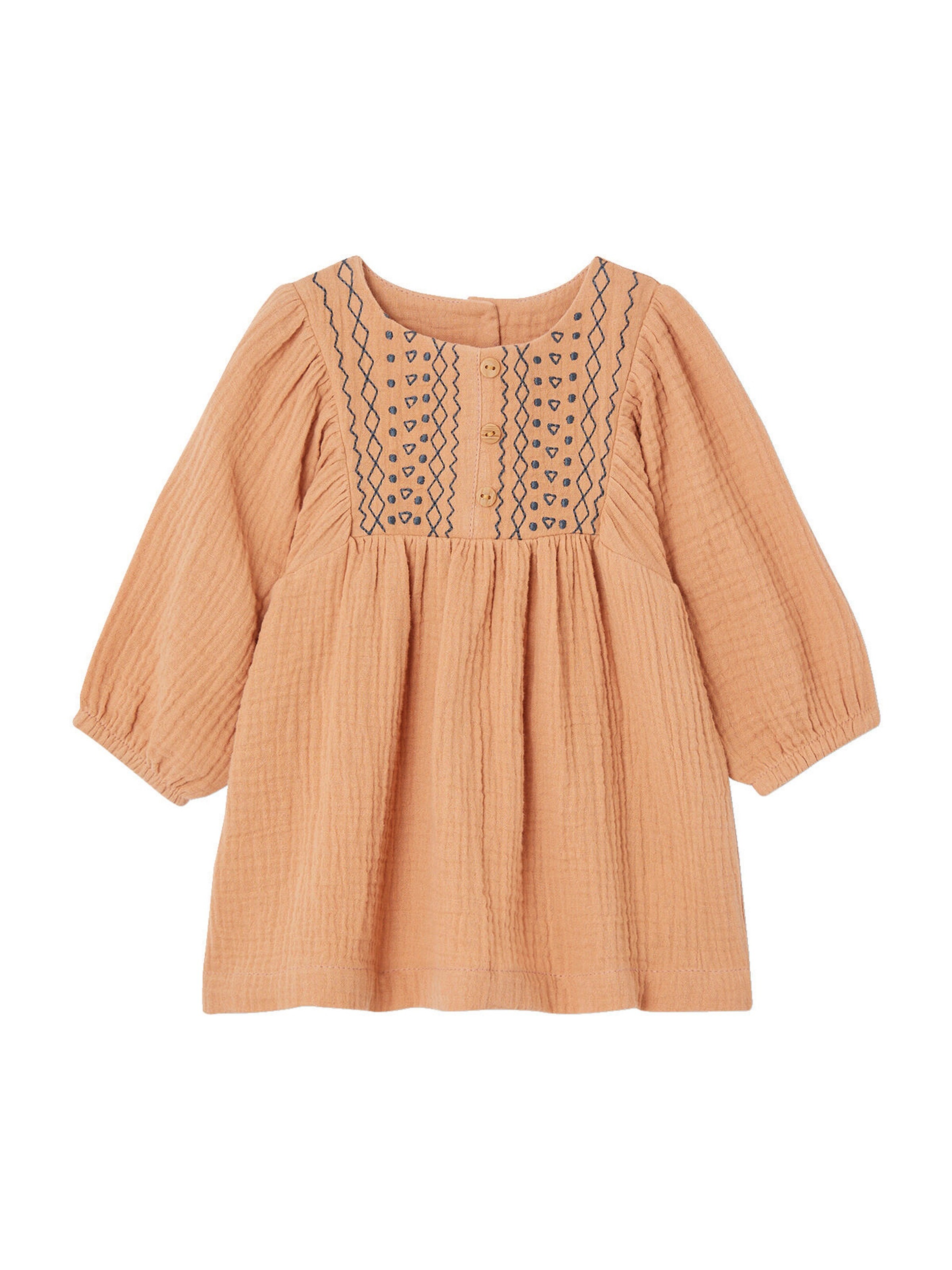 Vertbaudet Besticktes Baby Kleid aus Musselin karamell