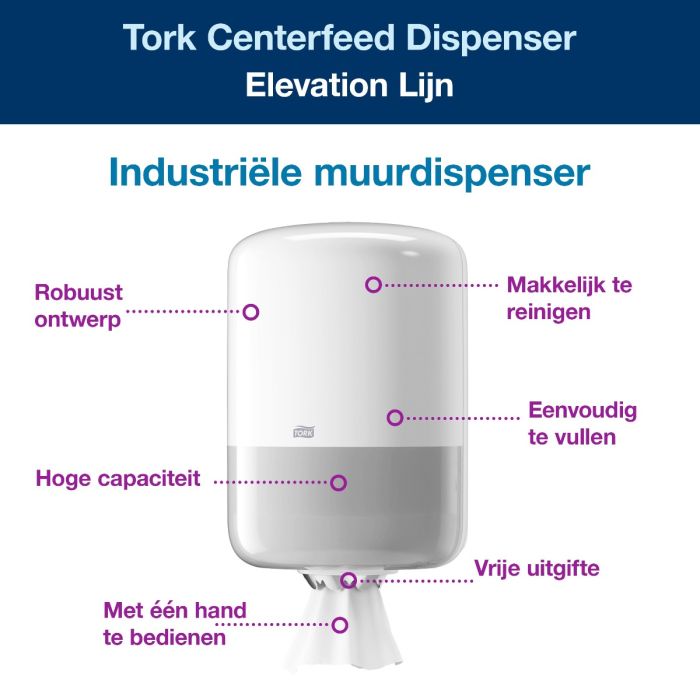 Tork 559000 dispenser midi centerfeed M2 wit kunststof Elevation Line (midirollen) (559000)