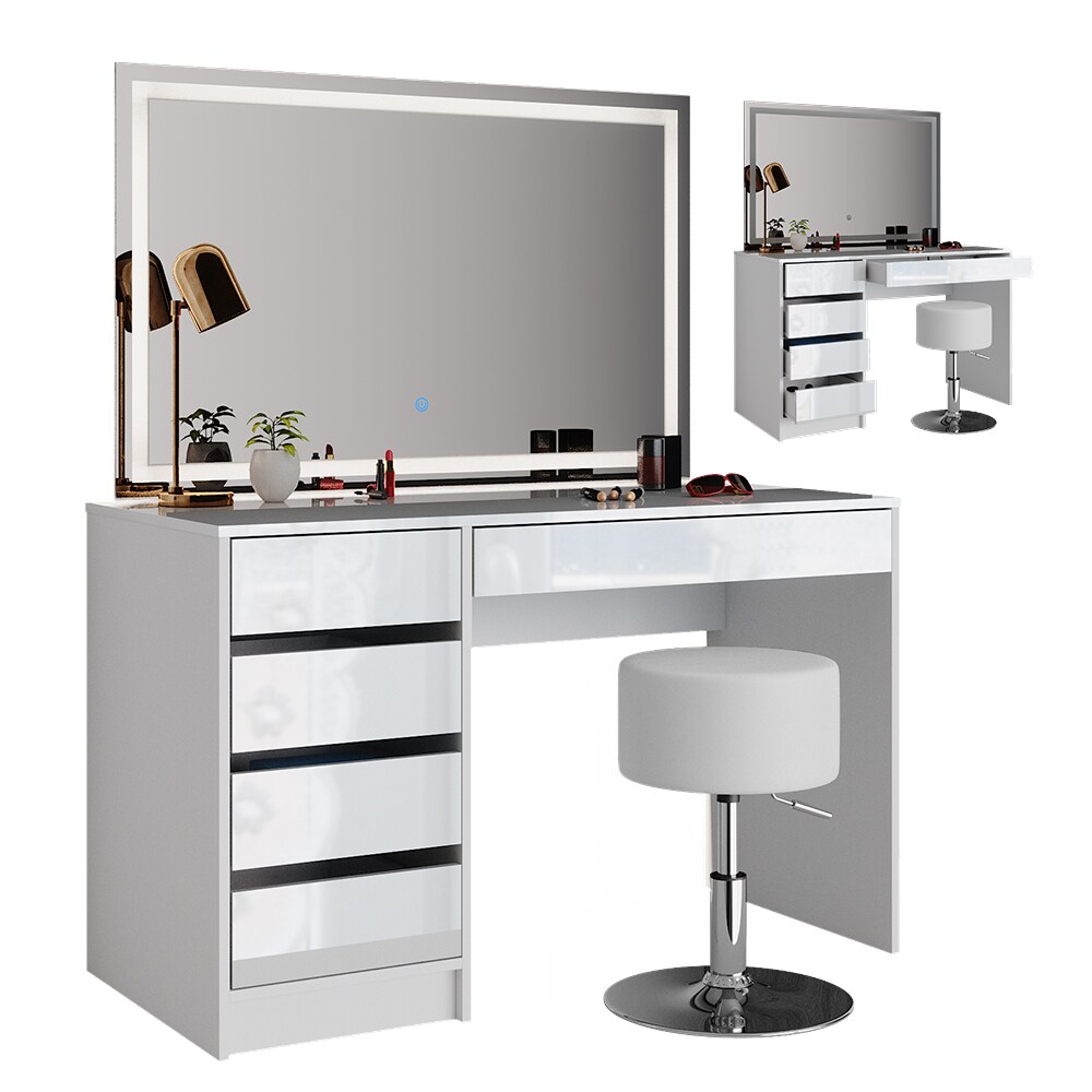 Schminktisch Sherry weiß hochglanz Frisiertisch LED Spiegel 5 Schubladen Kommode Hocker Vicco