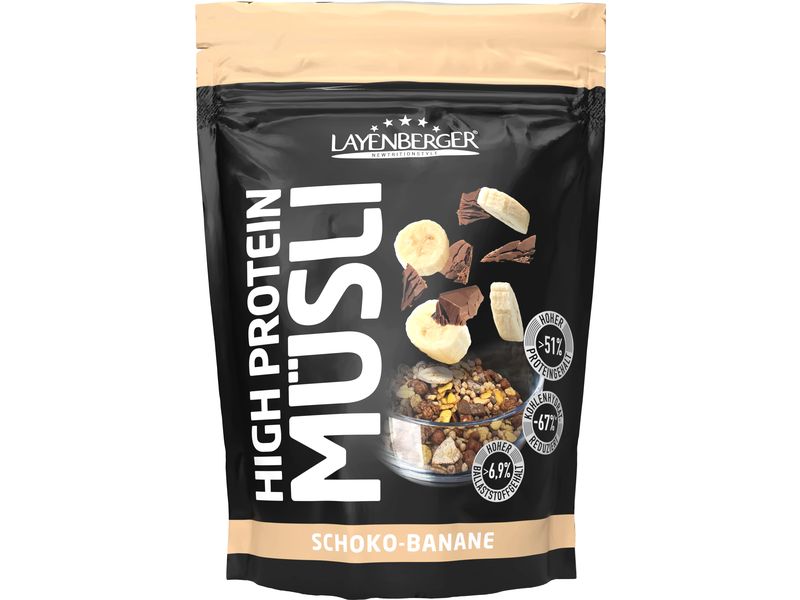 Layenberger Müesli 3K Protein Schoko-Banane 390 g Proteinreiches Knuspermüesli mit Schokolade und Banane im wiederverschliessbarem Beutel