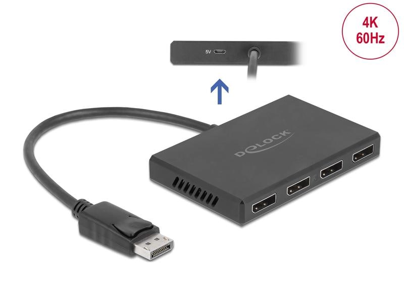 Delock 4-Port Signalsplitter Displayport, 4K/60Hz Delock DisplayPort 1.4 Splitter 1 x DisplayPort in zu 4 x DisplayPort out