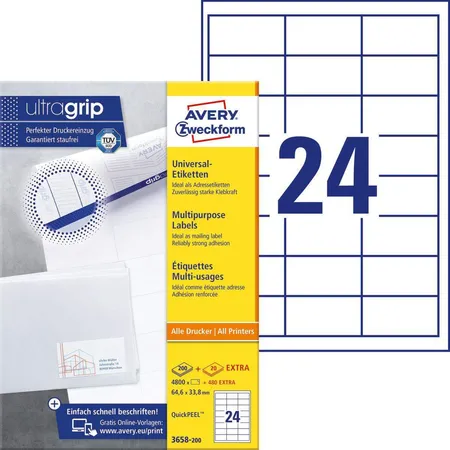 Avery Zweckform 3658-200 Universal-Etiketten,A4 mit ultragrip,Adressaufkleber 64,6 x 33,8 mm, 220 Bogen/5.280 Etiketten, weiß