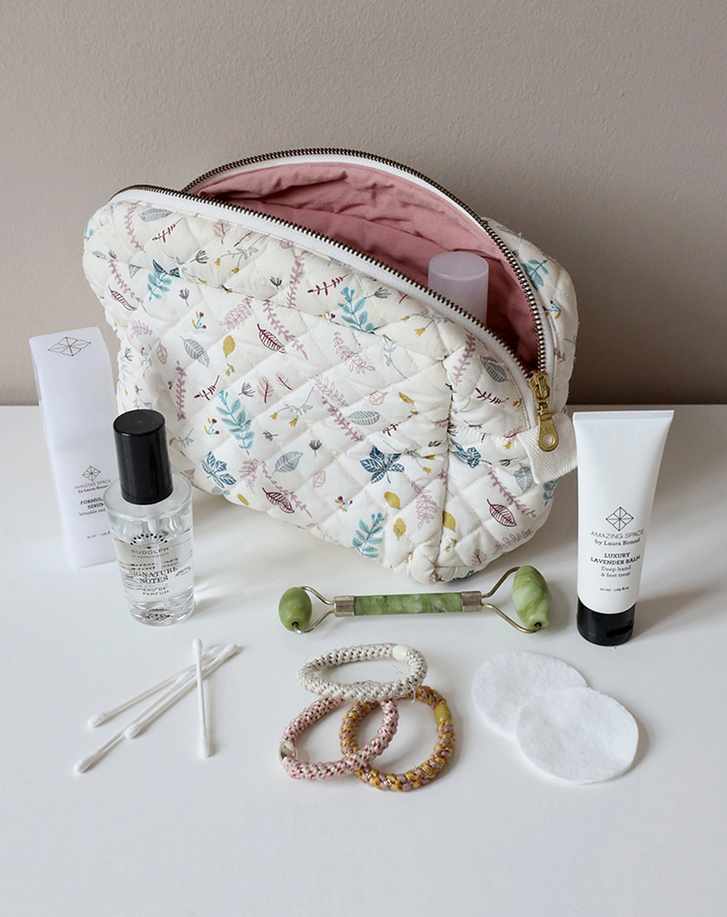 Kosmetiktasche QUILT - LEAVES in rose