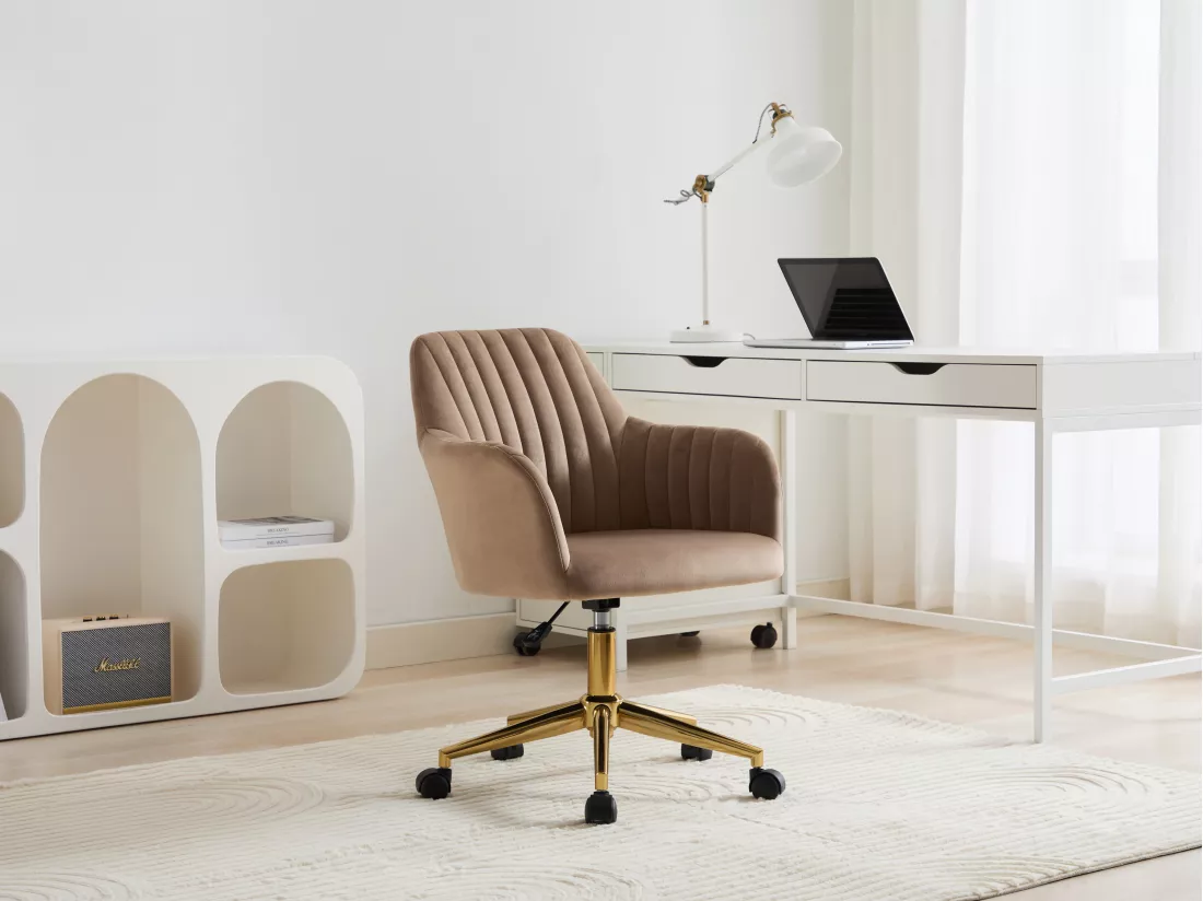 Chaise de bureau - Velours - Beige et doré - Hauteur réglable - ELEANA