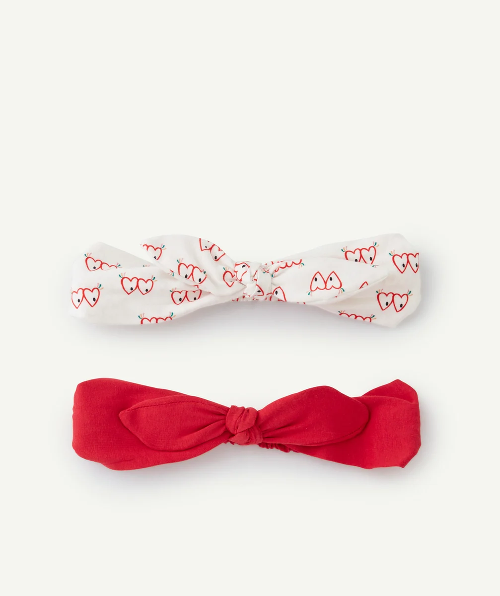 LOT DE 2 BANDEAUX FILLE ROUGE ET ÉCRU IMPRIMÉ COEUR