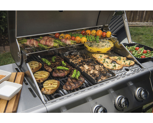 Nexgrill Evolution 4-pits gasbarbecue, zwart, inclusief zijtafel, warmhoudrek, dekselthermometer en gietijzeren grillrooster.
