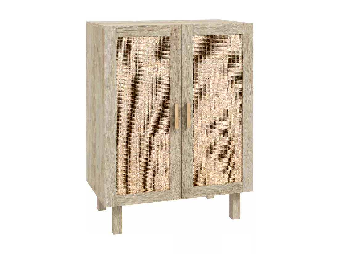 Buffet 2 portes 2 étagères réglables style bohème chic cannage en rotin panneaux aspect bois clair