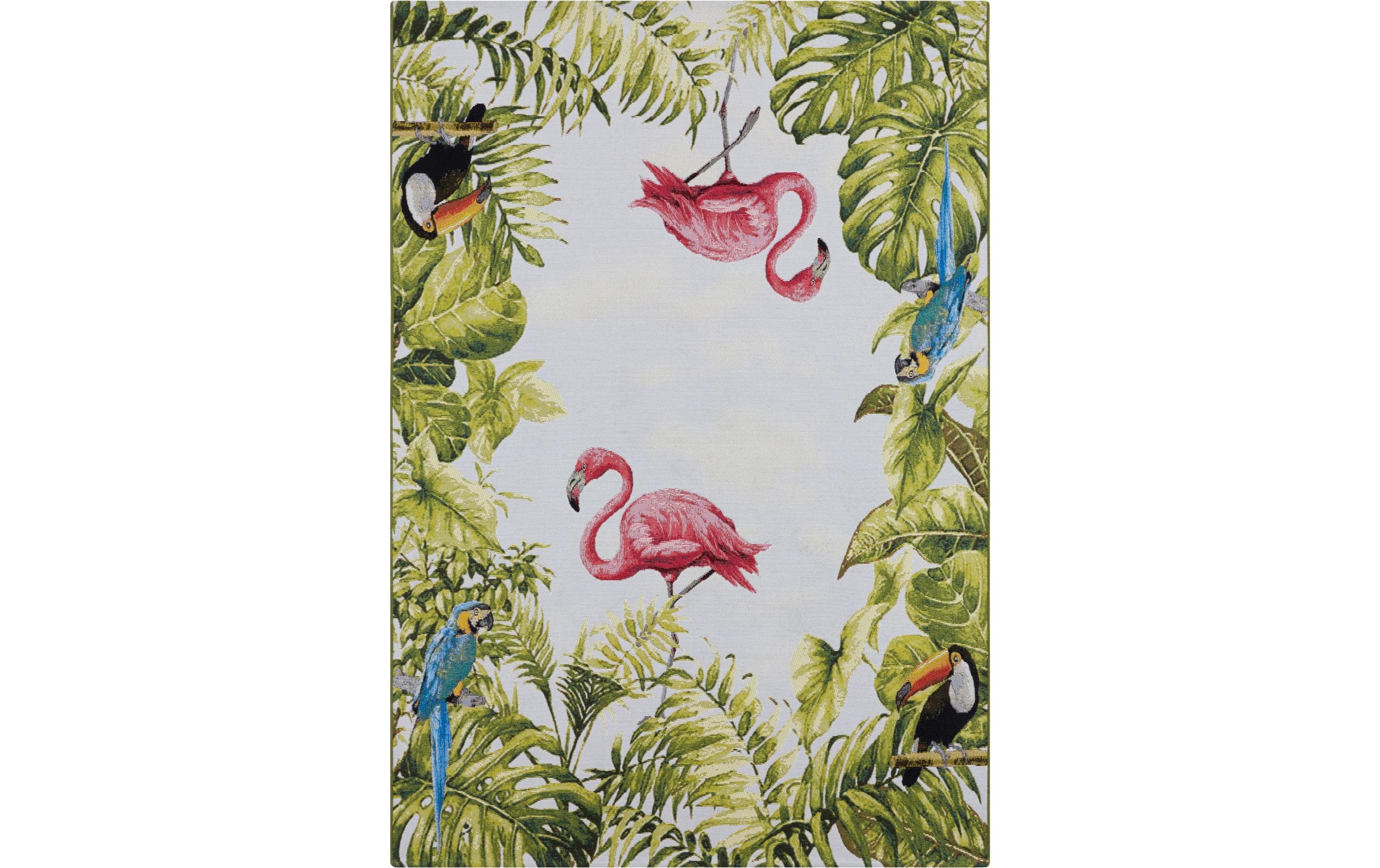 Teppich Tropical Birds 120 cm x 180 cm, MehrfarbigIn- & Outdoor Teppich, Flachegwebeteppich im Tropischen Design, Wetterfest & Wasserfester Aussenteppich mit Famingo Motiv für Terrasse, Balkon, Garten Wohnzimmer