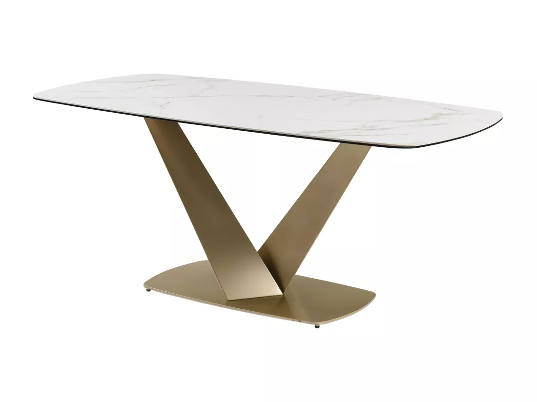 Table à manger 6 personnes en céramique, verre trempé et métal doré - Effet marbre blanc - PORELIMA de Maison Céphy