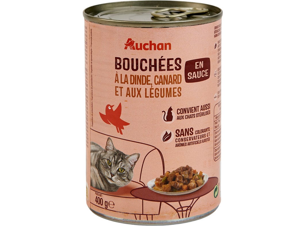 COMIDA HÚMIDA PARA GATO AUCHAN PEDAÇOS EM MOLHO COM PERU COM PATO E COM LEGUMES 400G