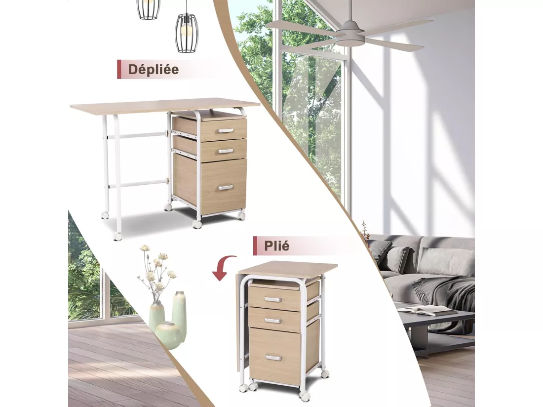 Bureau Pliable avec 3 Tiroirs, Table d'Écriture Roues Verrouillables, Bureau à Domicile Roulant avec Cadre en Métal, Bureau Compact pour Dortoir, Appartement Naturel