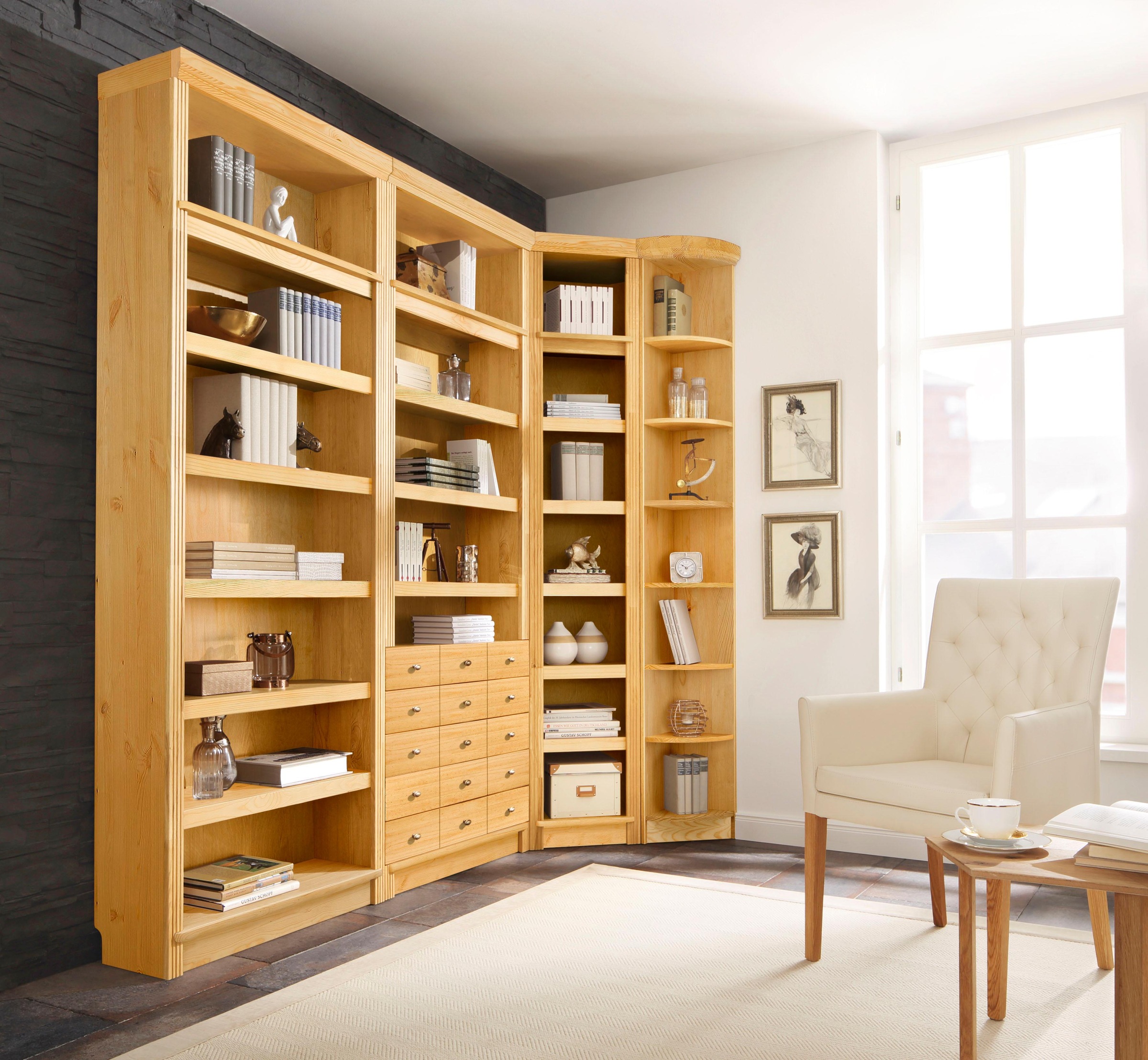 Home affaire Bücherregal »Soeren« aus massiver Kiefer, in 2 Höhen, Tiefe 29 cm, mit 5 Schubkästen