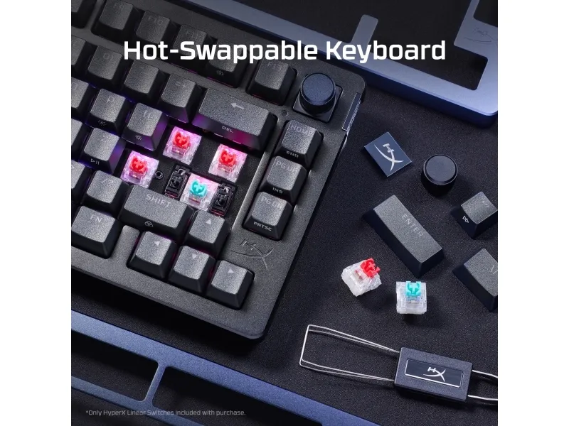 HyperX Alloy Rise - Tastatur - 100% fuld størrelse - bagbelyst - USB-C - QWERTY - Pan Nordic - tastaturkontakt: HyperX Linear - sortering