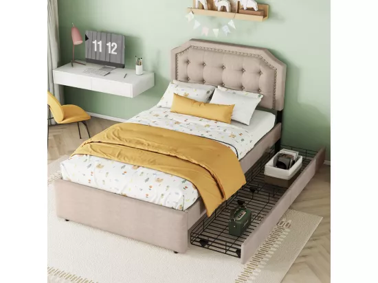 Lit capitonné en tissu de lin avec 2 tiroirs - 90x200cm - tête de lit décorée de rivets - Taupe