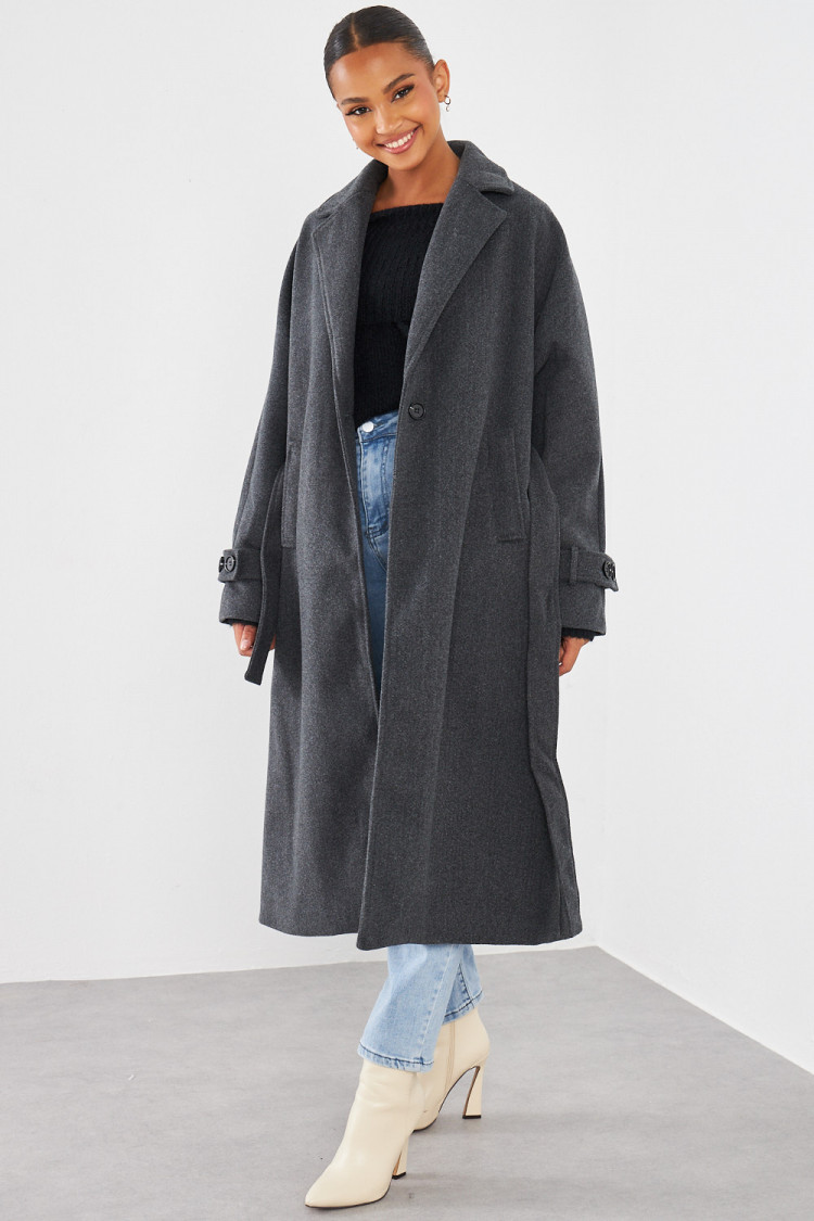 Manteau long ceinturé gris foncé