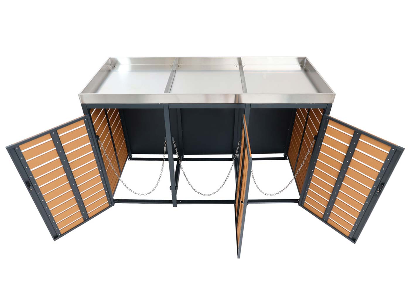 3er Mülltonnenverkleidung MCW-K14, Mülltonnenbox mit Pflanzkasten, 124x200x84cm WPC Edelstahl 107kg ~ Teak-Optik