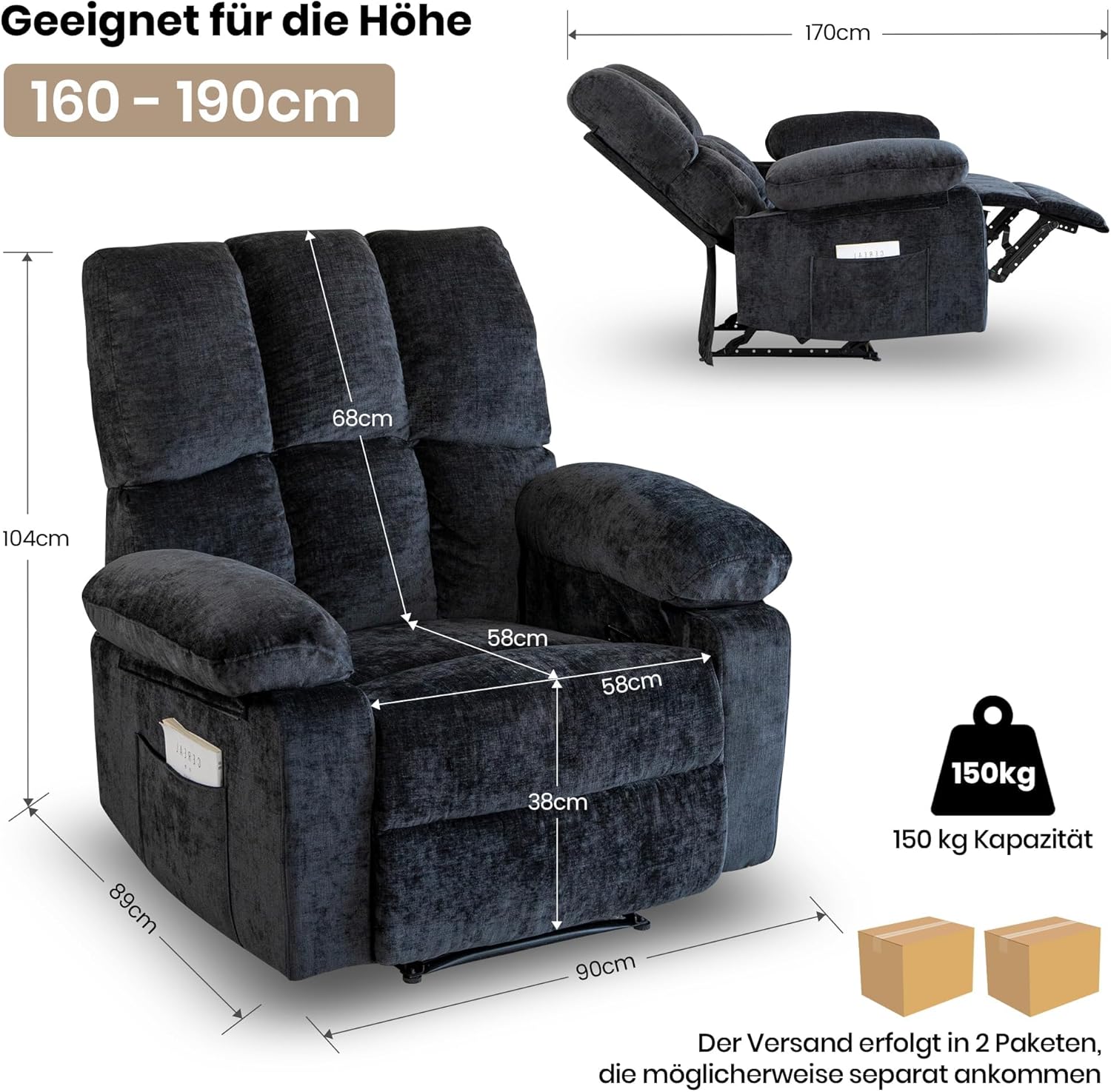 Fernsehsessel mit liegefunktion,Relaxsessel mit Leinenoptik,Sessel liegesessel bis 150 kg belastbar,für Wohnzimmer(Dunkelgrau, Kleine)