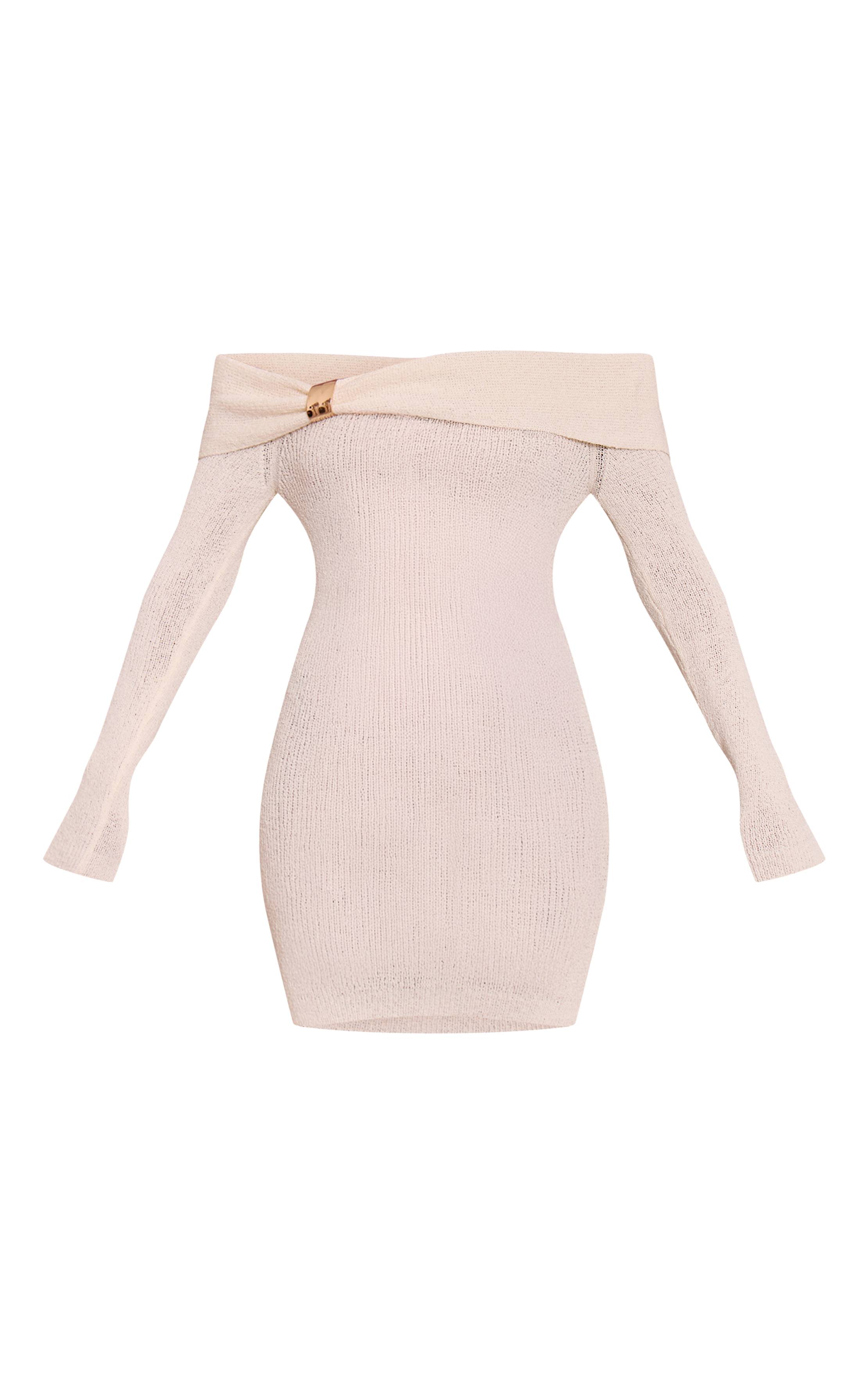 Crème Robe Moulante En Maille Avec Détail Bardot Et Finitions Contrastées - Tall
