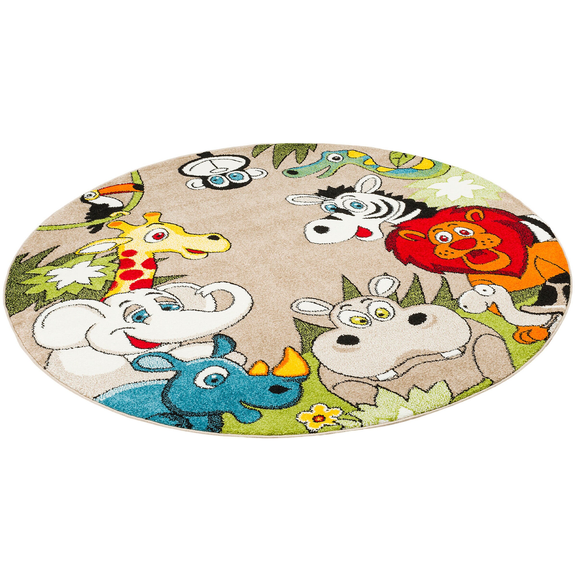Pergamon Kinder Teppich Faro Safari Bunt Tiere Rund Bunt - 120x120 cm