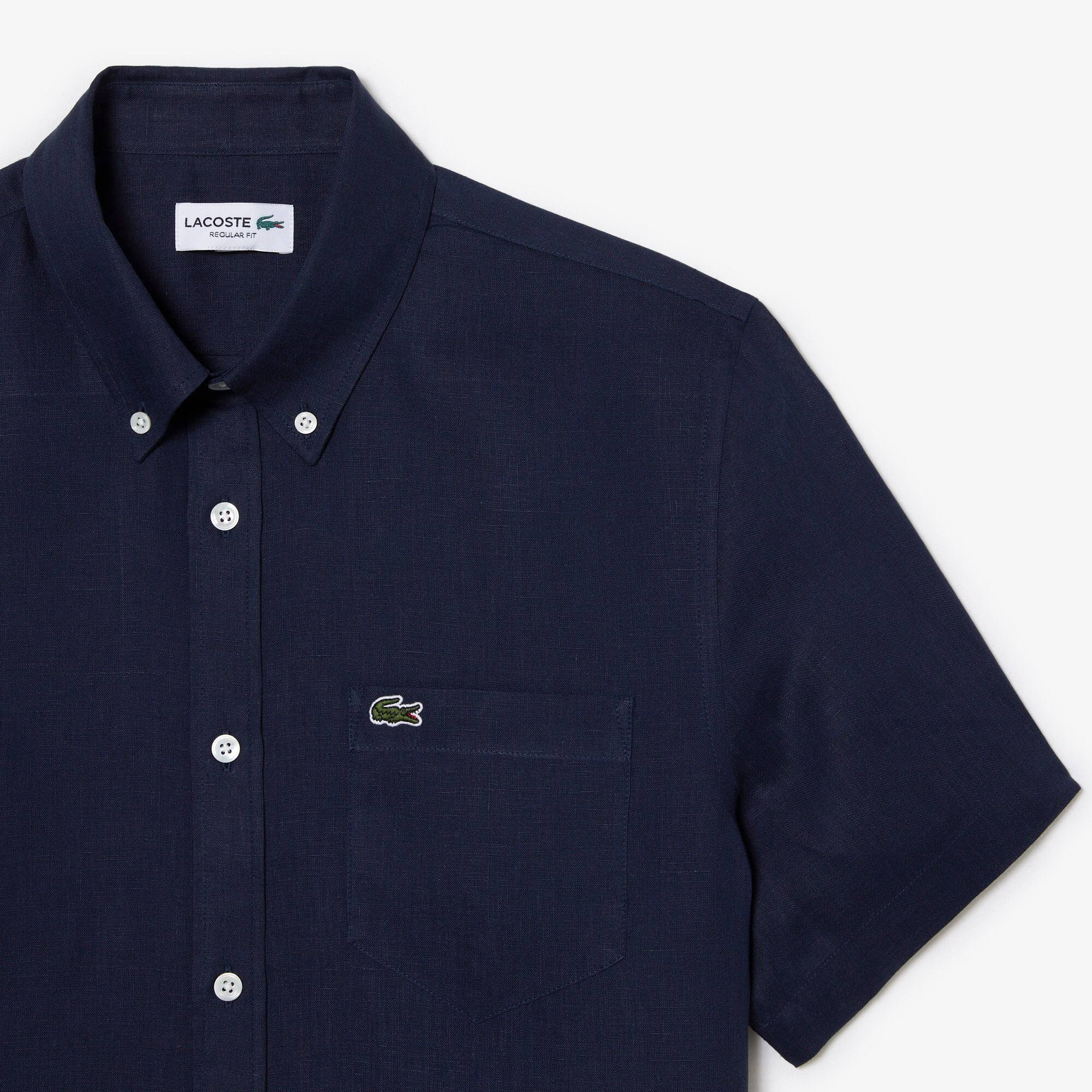 Herren LACOSTE Leinen-Hemd Kurze Armel - Blau - Lacoste - Herren