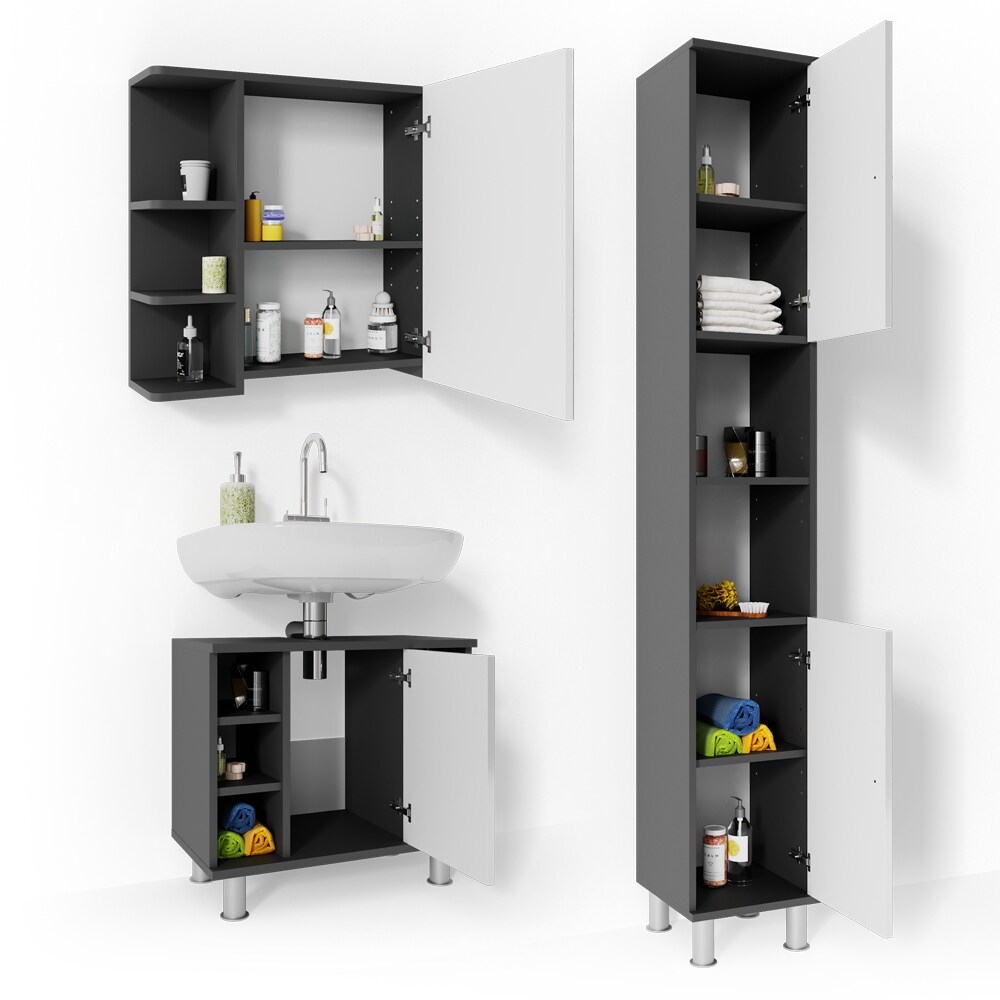 VICCO Badmöbel Set FYNN 3 Teile Anthrazit Weiß - Badezimmer Spiegel Badunterschrank Hochschrank