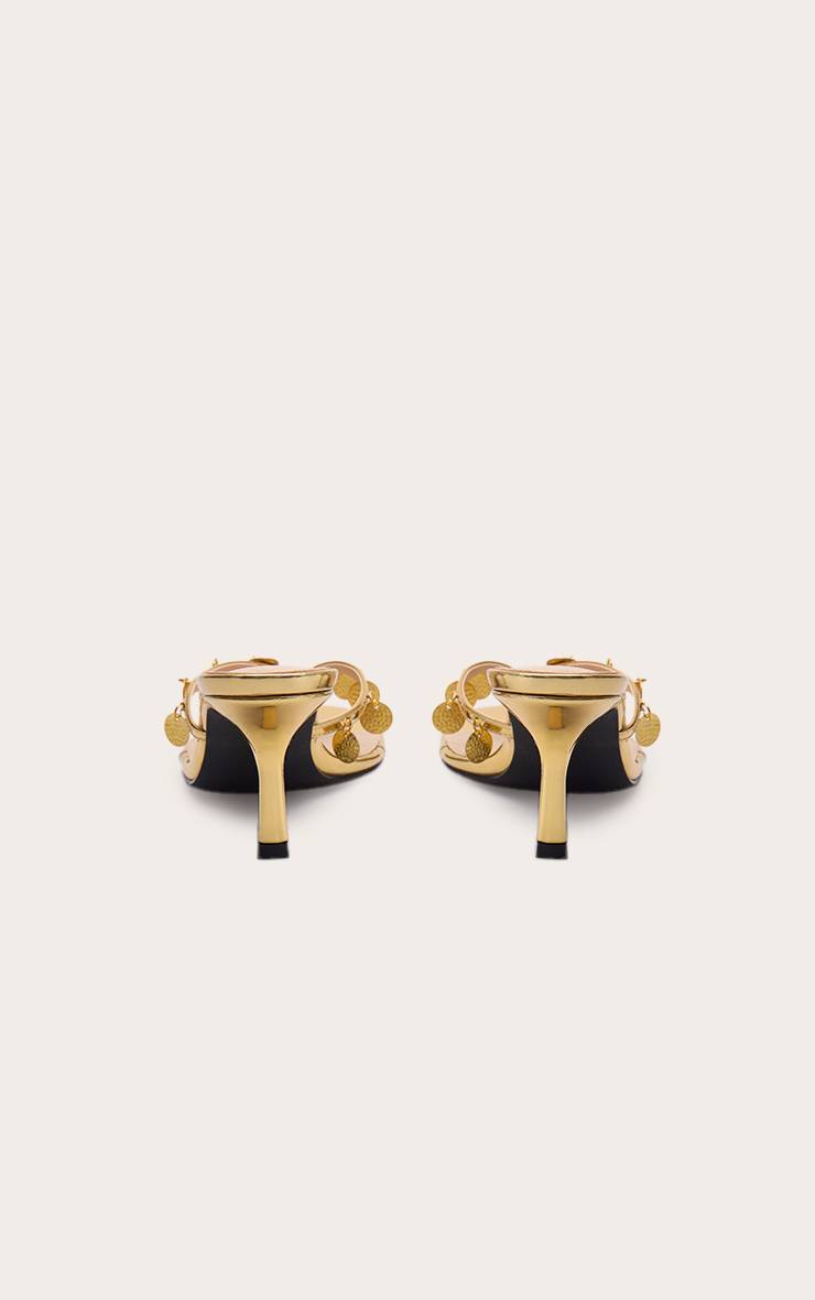 Doré Mules À Talons Avec Bride Entre Les Orteils Et Détail Pendentif