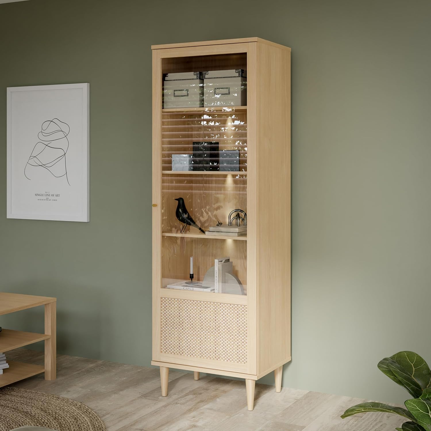 Forte CALASETTA Vitrine 60, Boho-Vitrinenschrank mit Rattangeflecht, 1-türig, Holzwerkstoff, Elegancia Eiche | Technorattan, 60,4 cm breit x 198,5 cm hoch x 41,4 cm tief