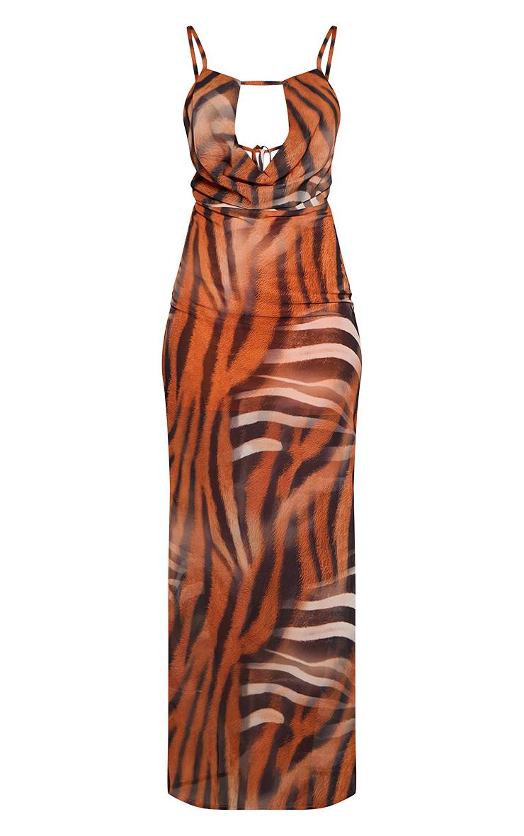 Marron Robe Longue En Mousseline À Imprimé Zèbre Avec Découpe Au Décolleté