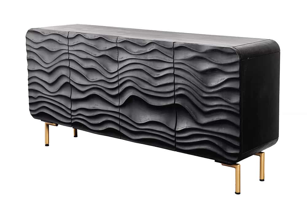 Design Sideboard WAVE 160cm schwarz Mangoholz Massivholz mattgold Metallbeine