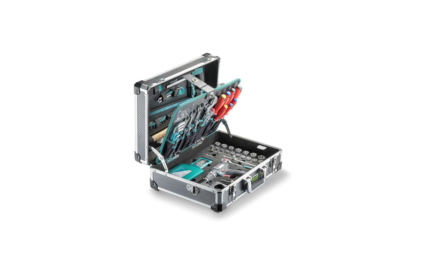 Werkzeugkoffer PRO GSR mit Akkuschrauber 147-teilig<br>Alu-Werkzeugkoffer mit Bosch GSR12 V-15 Akkuschrauber