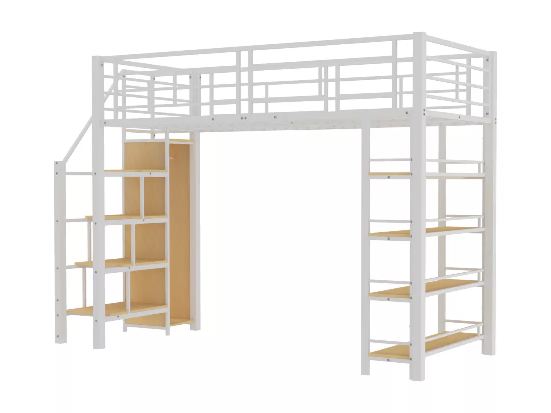 Lit mezzanine 90x200 cm - avec petite armoire et étagères de rangement - Blanc