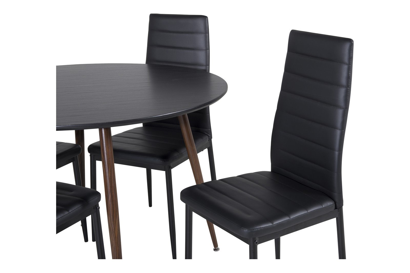 Plaza og Slim Spisegruppe Plaza rundt spisebord ø100cm i sort og valnøtt ben med 4 stk. Slim spisestoler i Sort og sorte ben.