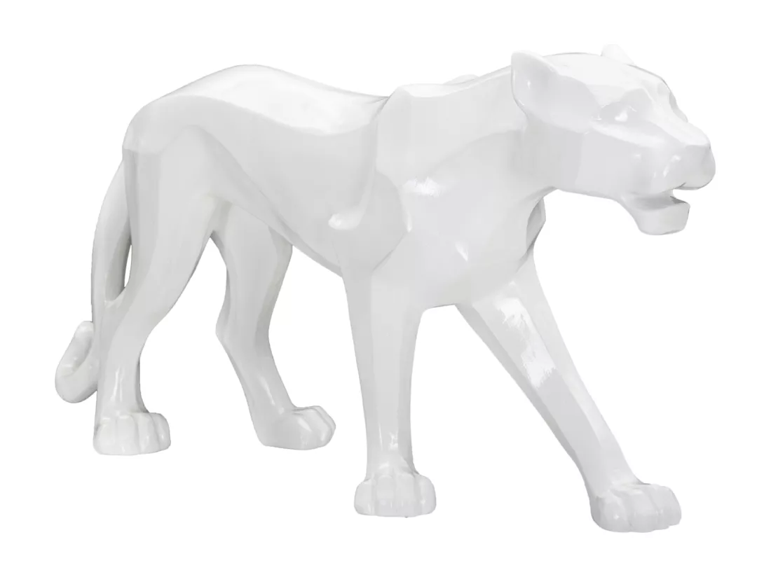 Sculpture géométrique de panthère blanche, 70x18x32,5 cm - Statue moderne inspirée du cubisme en résine
