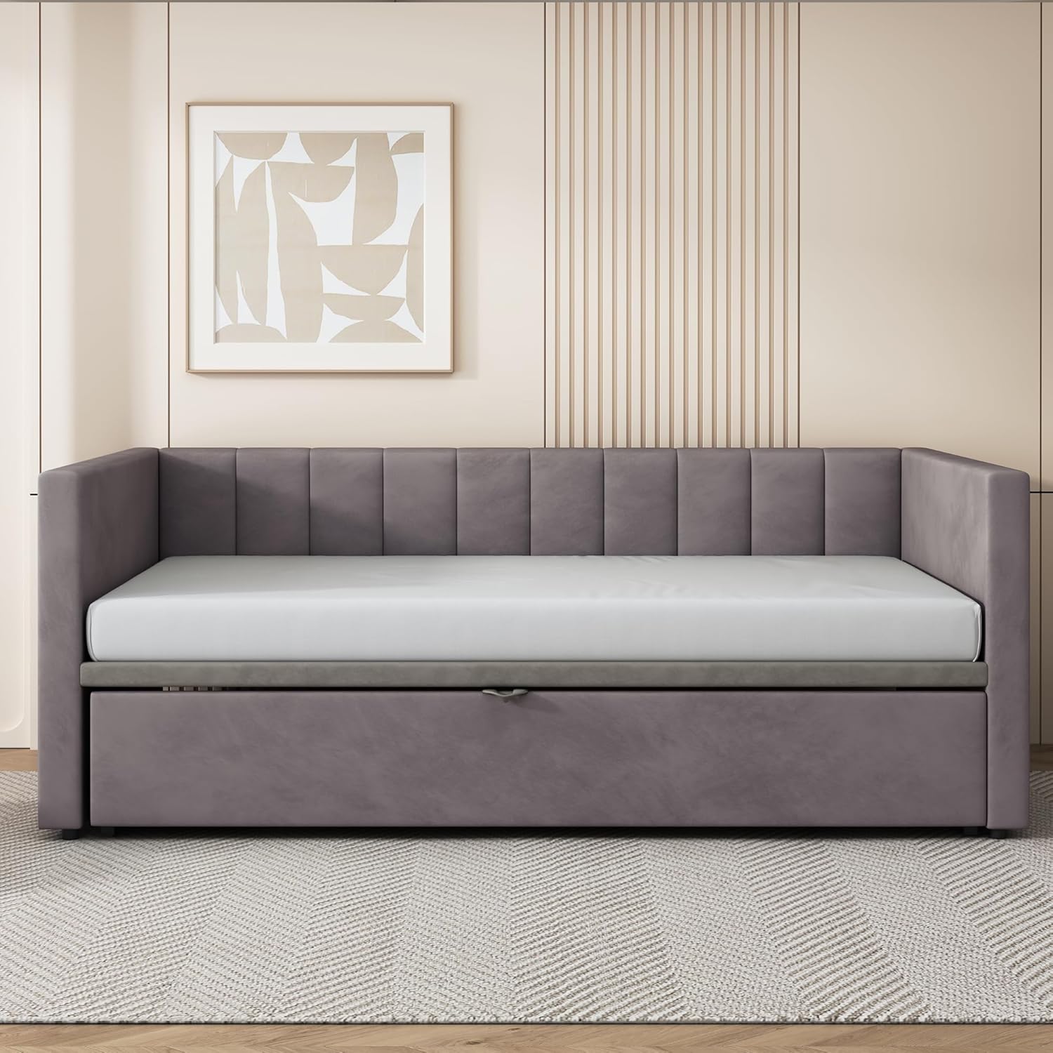 Polsterbett Ausziehbares Schlafsofa 90/180x200 cm mit Lattenrosten, Multifunktionsbett aus hautfreundlichem Samtstoff (Dunkelgrau)