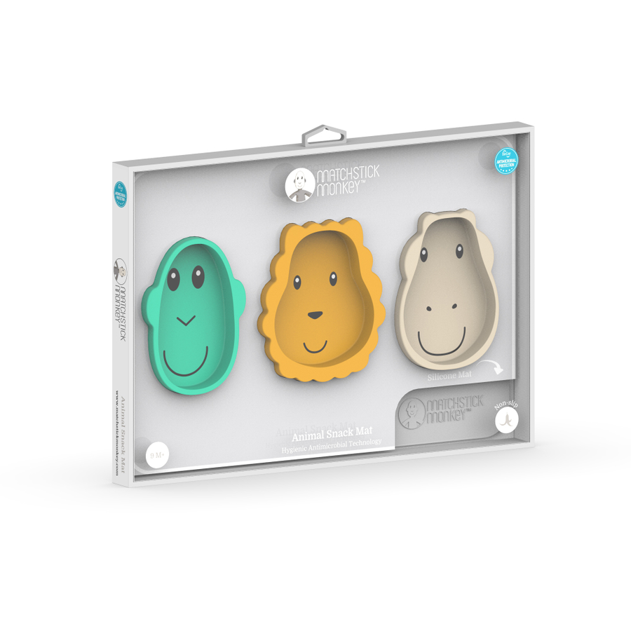MATCHSTICK MONKEY™ Snackmatte und 3 Snacktellern mit Anti-Rutsch-Funktion