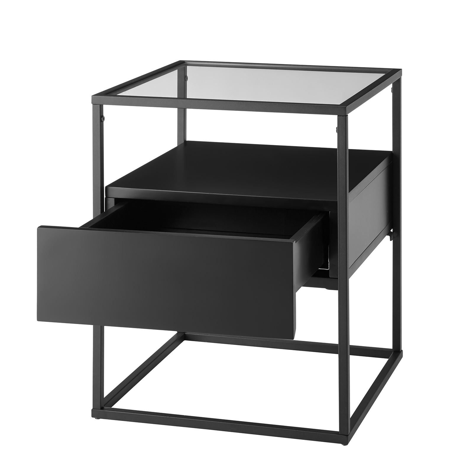 Beistelltisch - schwarz - Glasplatte - mit Schubkasten