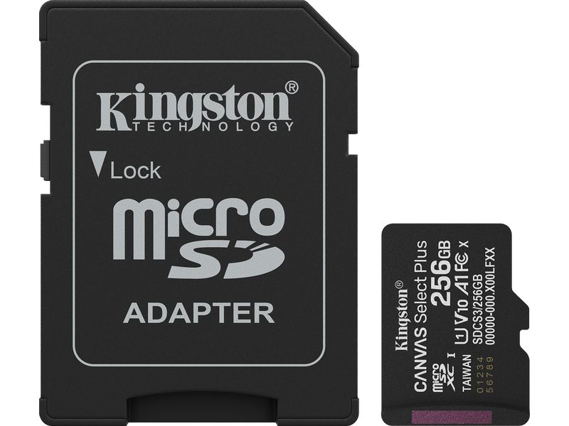 Kingston microSDXC-Karte Canvas Select Plus Gen3 256 GB Robuste microSDXC-Karte für Full-HD-Aufnahmen mit Speicherkartenadapter