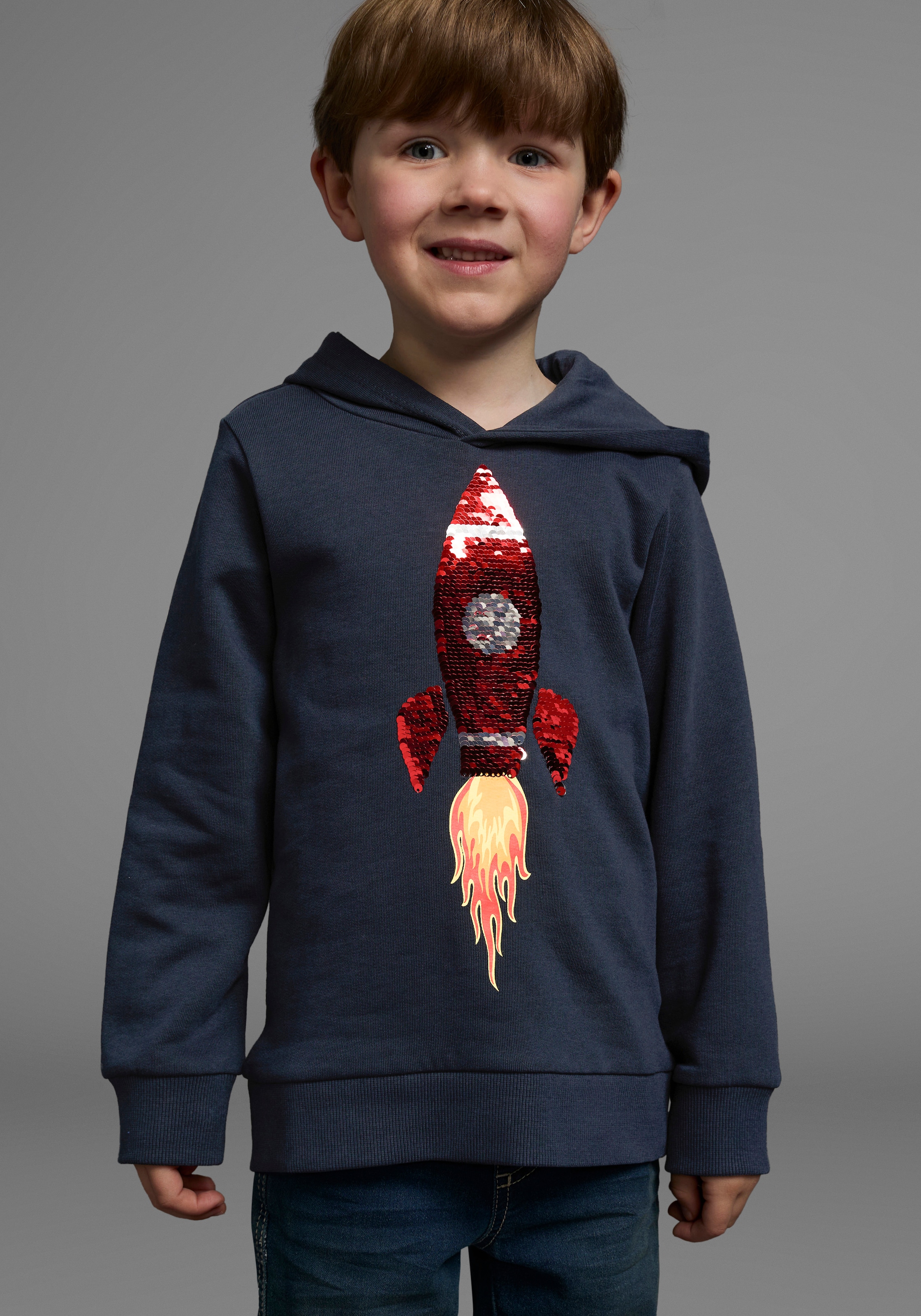 KIDSWORLD Kapuzensweatshirt »Rakete - Wendepaillette«, lange Ärmel,  Basic-Passform,  aus Baumwolle,  mit Rippbündchen